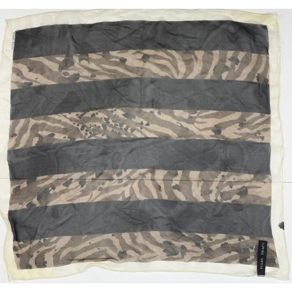 Ellen Tracy Womens 100% Silk Scarf Zebra Animal Print Gray Taupe Ivory 21x19